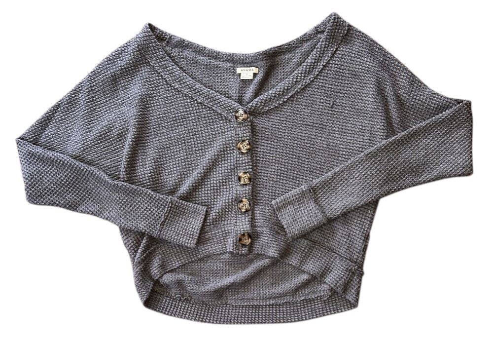 Anama Henley V-Neck Waffle Knit Gray Top Small